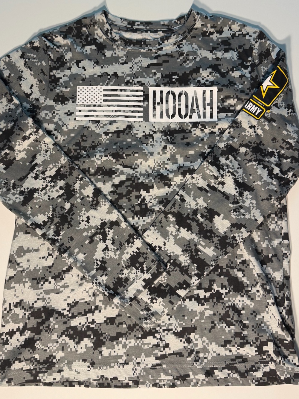 U.S. Army | HOOAH Gray Digital Camo Long Sleeve Cotton Unisex Shirt Youth XL